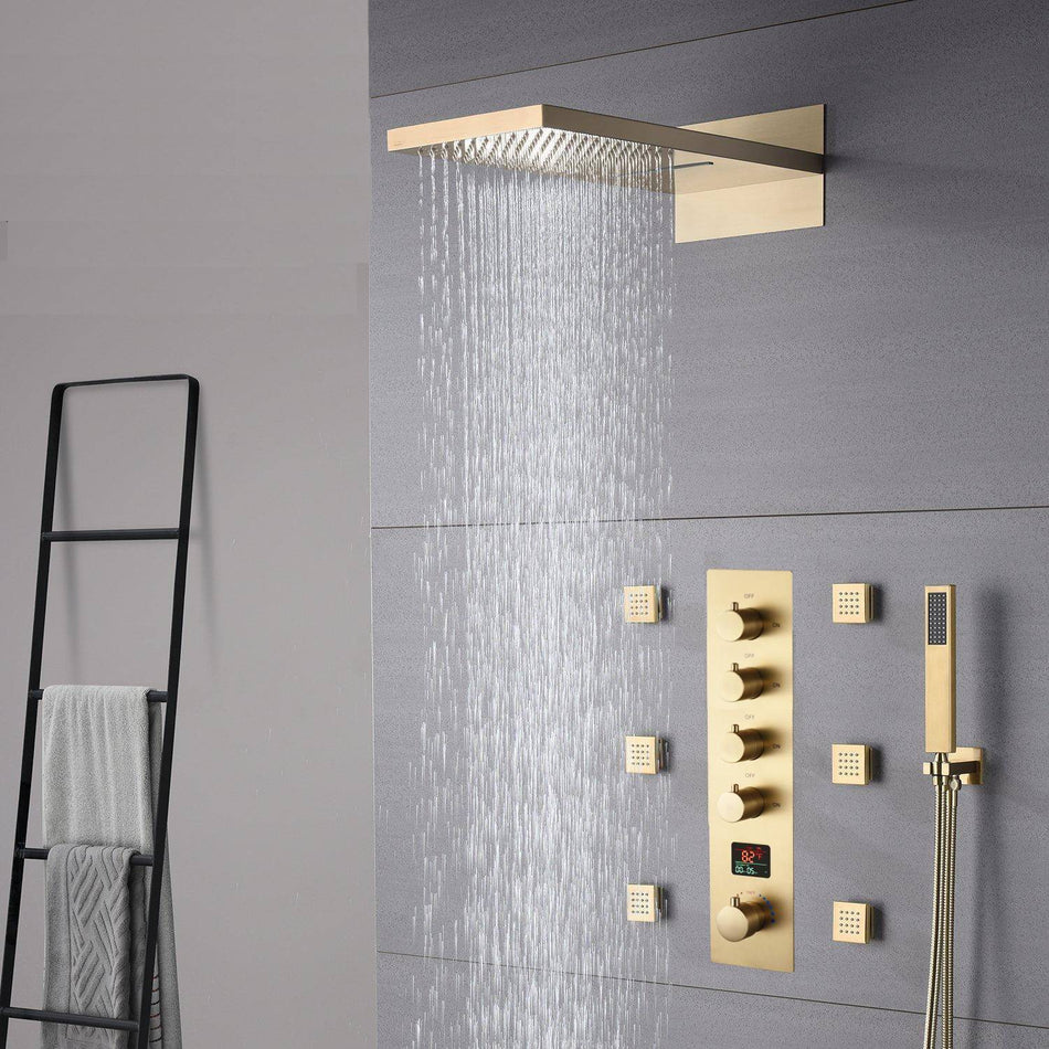 The Exquisite 22-Inch Brushed Gold 4-Way Digital Display Thermostatic Shower Valve System with Simultaneous and Individual Functionality
