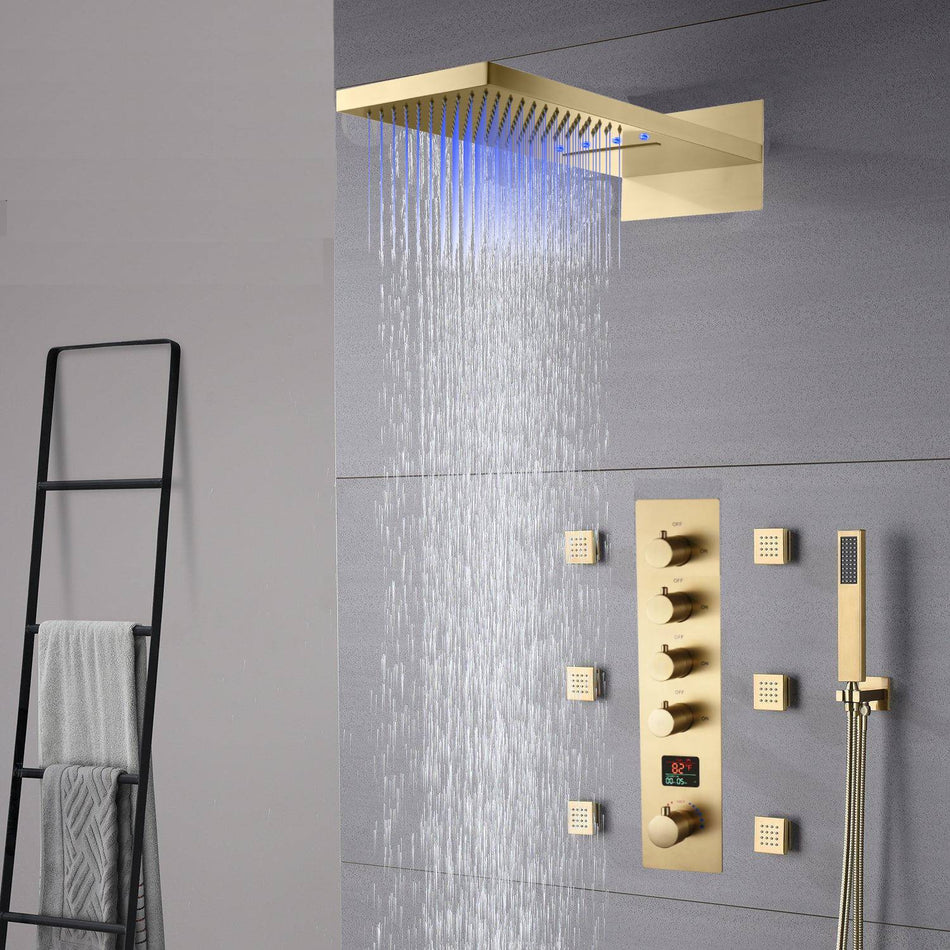 The Exquisite 22-Inch Brushed Gold 4-Way Digital Display Thermostatic Shower Valve System with Simultaneous and Individual Functionality