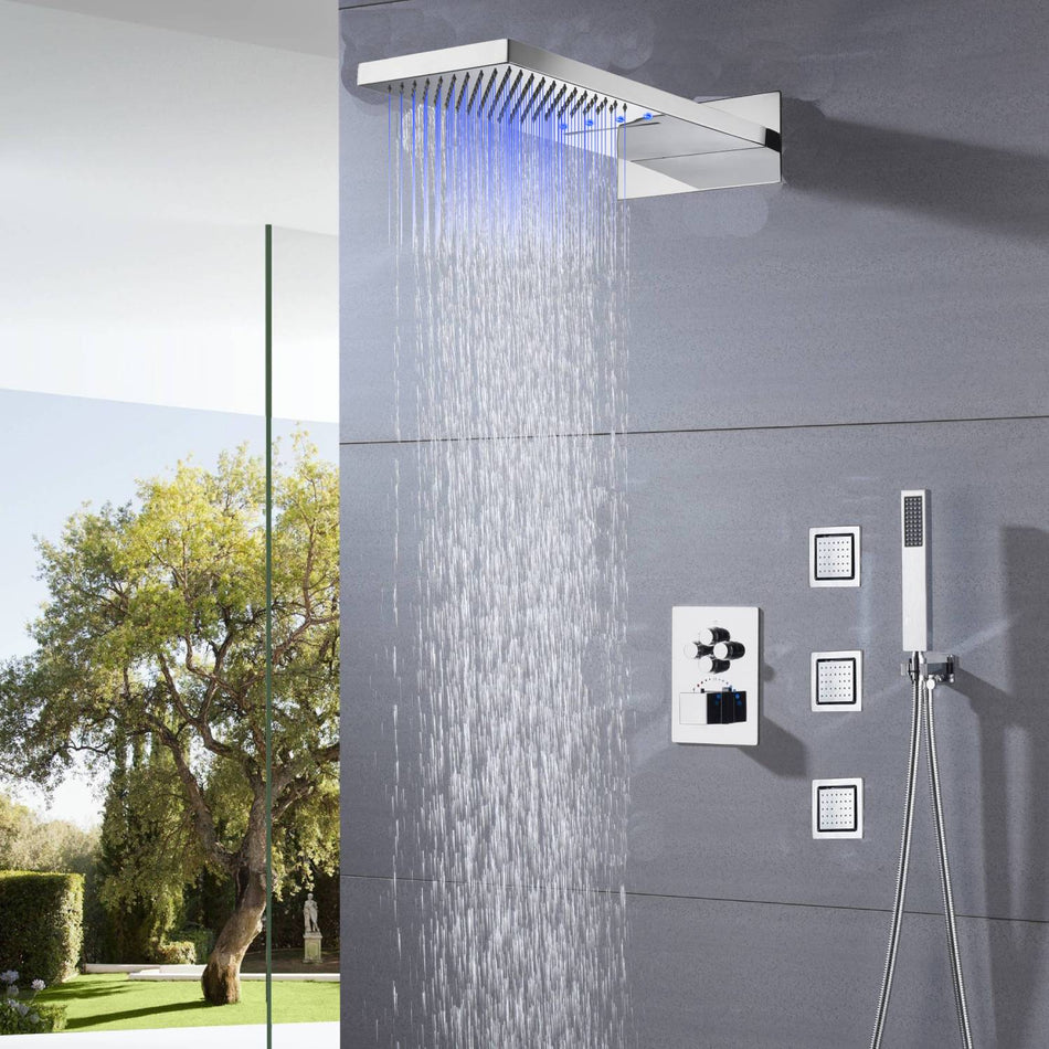 4 way thermostatic valve Chrome 22'' waterfall rainfall Thermostatic Shower system with flush 4inch body jets