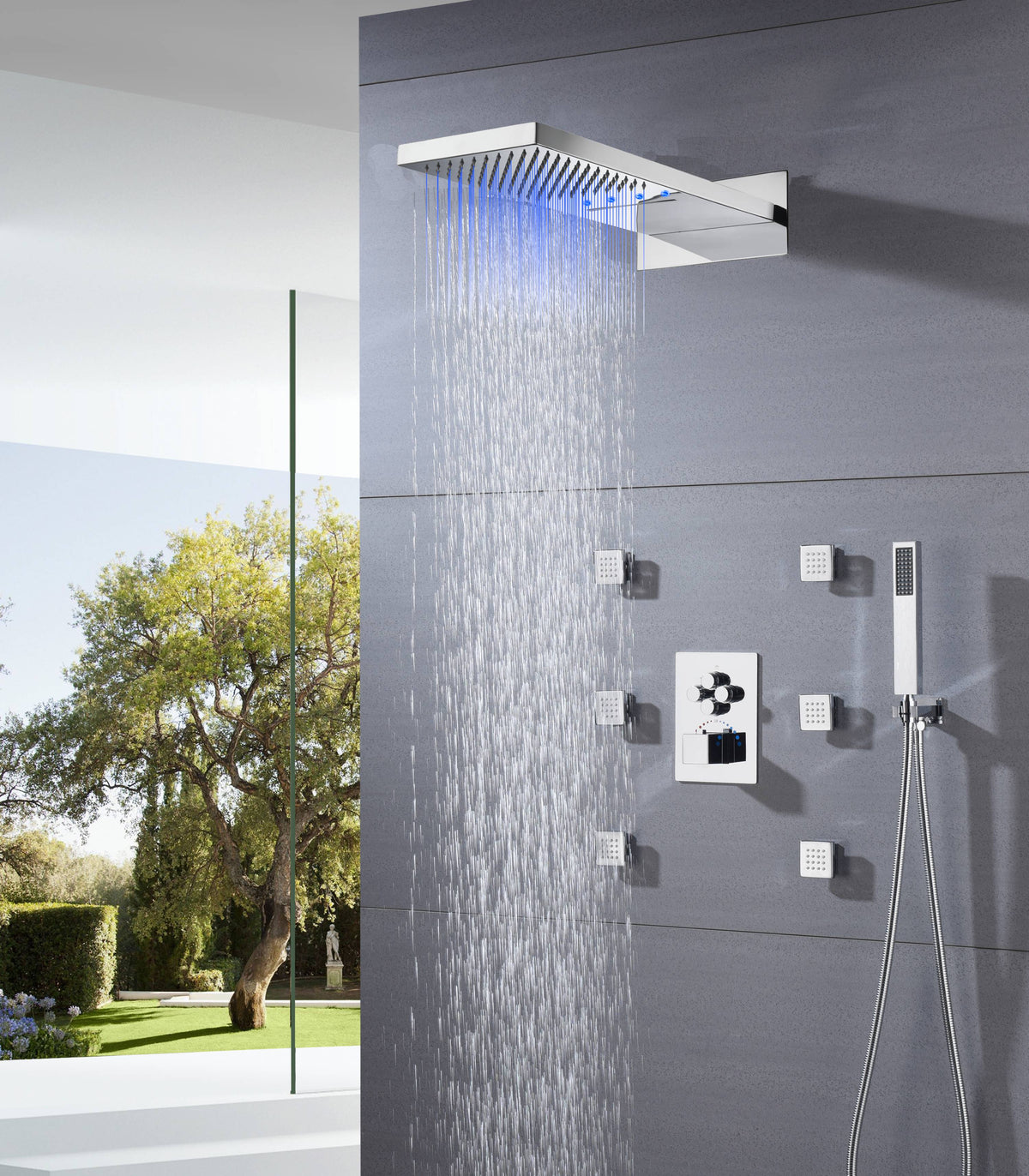 4 way thermostatic valve Chrome 22'' Thermostatic Shower Faucet Set Waterfall&Rain Massage Body Jet - wonderland shower inc