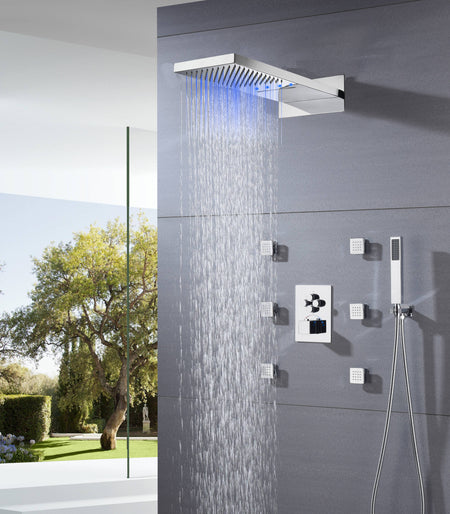 4 way thermostatic valve Chrome 22'' Thermostatic Shower Faucet Set Waterfall&Rain Massage Body Jet - wonderland shower inc