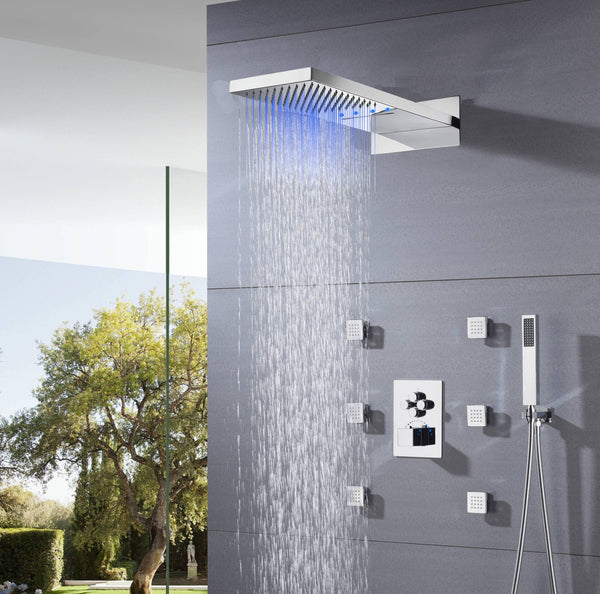 4 way thermostatic valve Chrome 22'' Thermostatic Shower Faucet Set Waterfall&Rain Massage Body Jet - wonderland shower inc