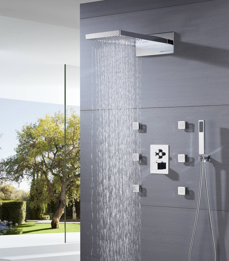 4 way thermostatic valve Chrome 22'' Thermostatic Shower Faucet Set Waterfall&Rain Massage Body Jet - wonderland shower inc