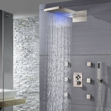 22'' Brushed Nickel 4 Way Thermostatic Shower Faucet Waterfall & Rain Massage Body Jet Spray - wonderland shower inc