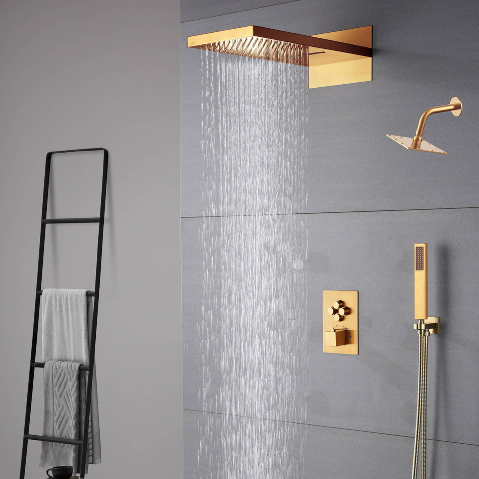 22-Inch Rainfall Waterfall Polished Gold 4-Way Thermostatic Shower System: Featuring a Regular Head with Simultaneous and Independent Functionality