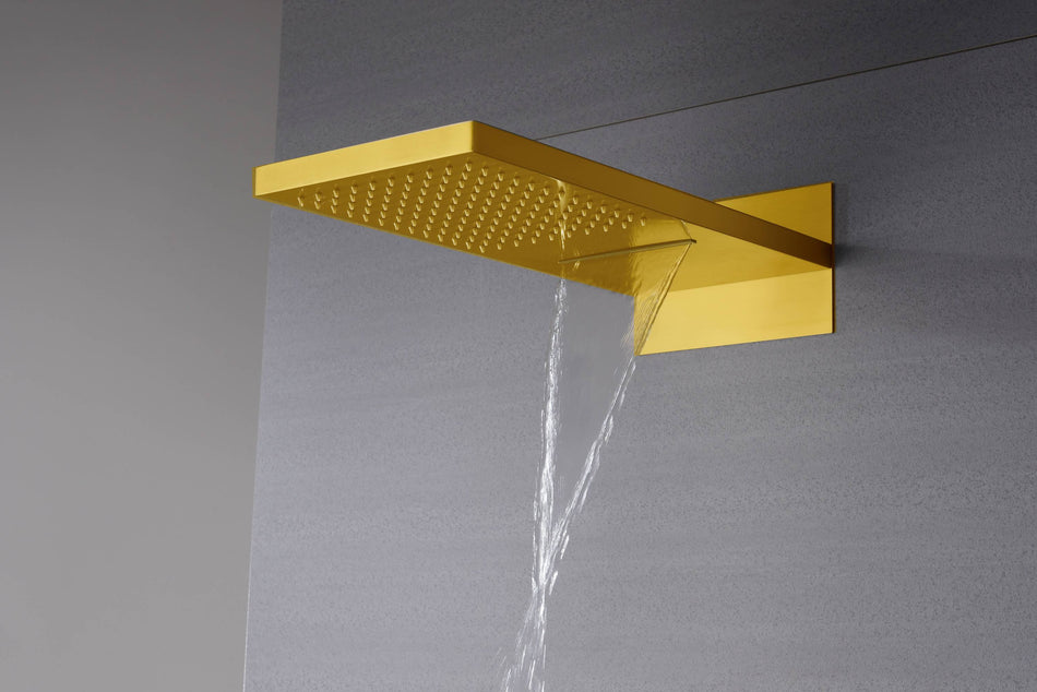 22-Inch Rainfall Waterfall Polished Gold 3-Way Thermostatic Shower System: Featuring a Regular Head with Simultaneous and Independent Functionality