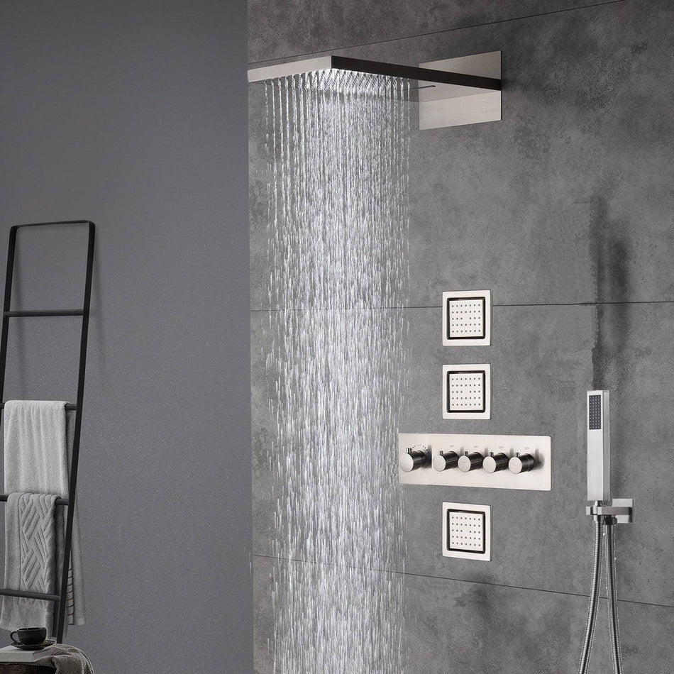 22inch rainfall and waterfall Brushed Nickel 4 Way Thermostatic Shower Faucet with 4inch Body Jet
