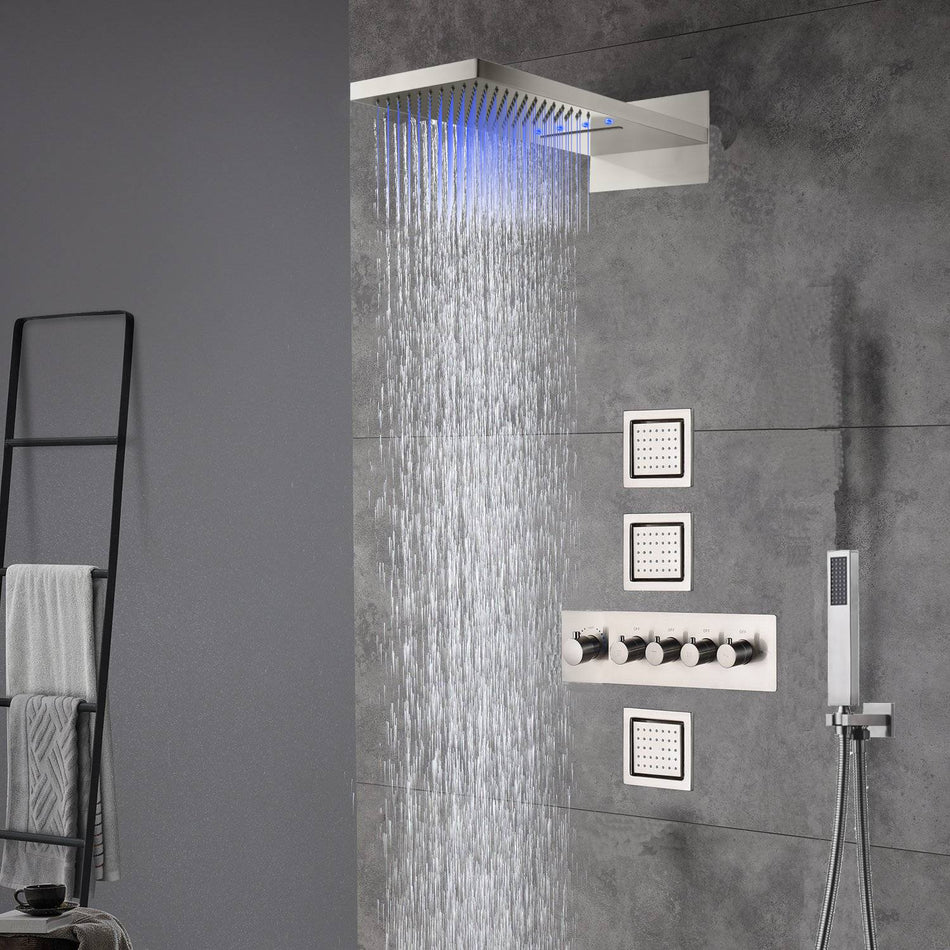 22inch rainfall and waterfall Brushed Nickel 4 Way Thermostatic Shower Faucet with 4inch Body Jet