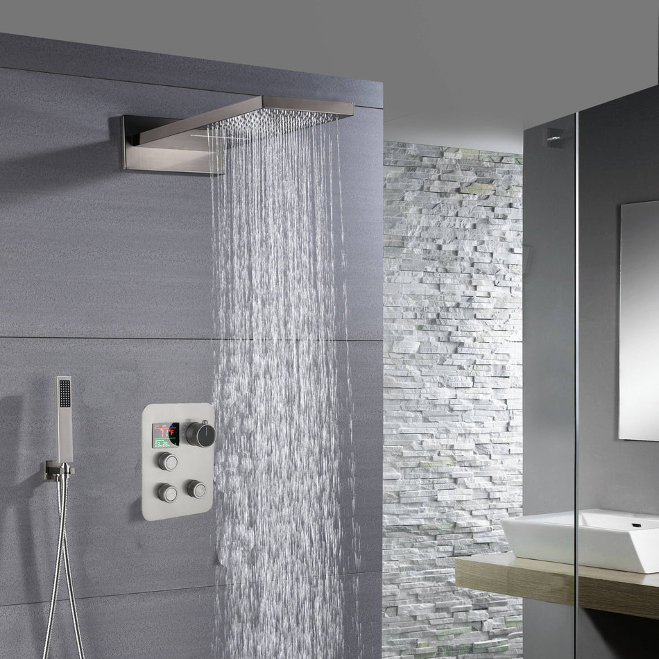 22" Brushed nickel 3 way Thermostatic display valve Rain & Waterfall Shower Faucet