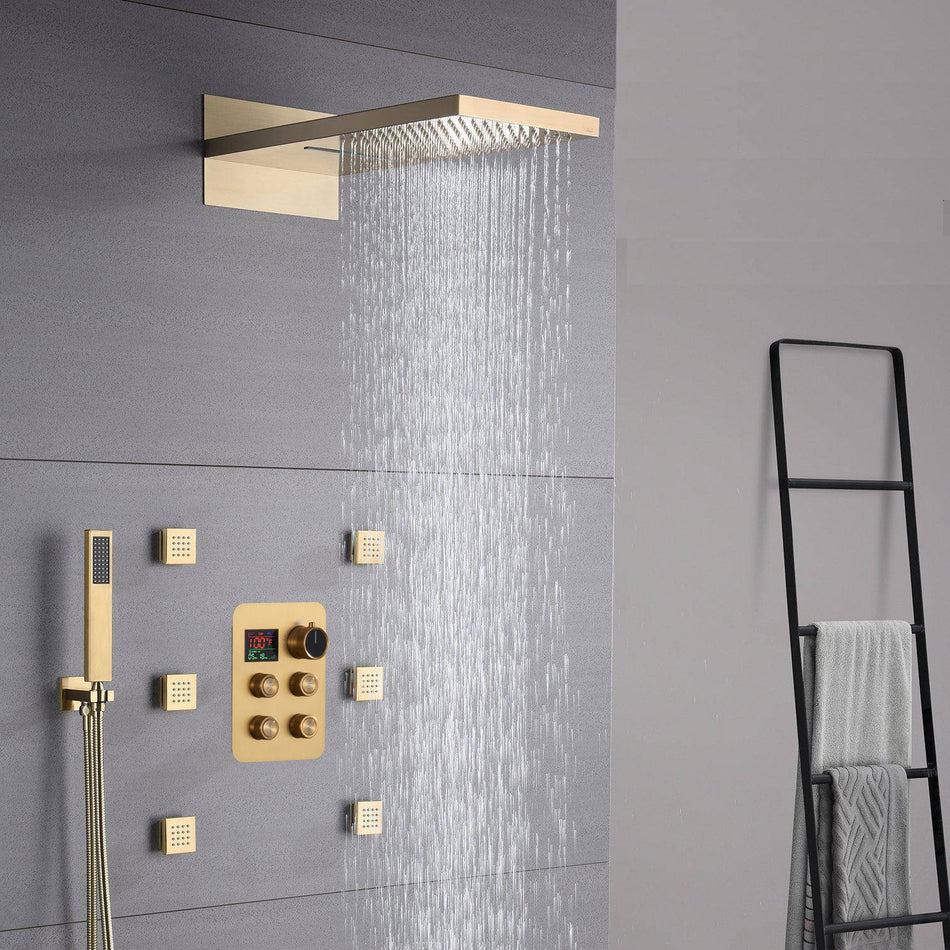 22inch Brushed gold 4 way Thermostatic Shower valve system that each function run all together and separately