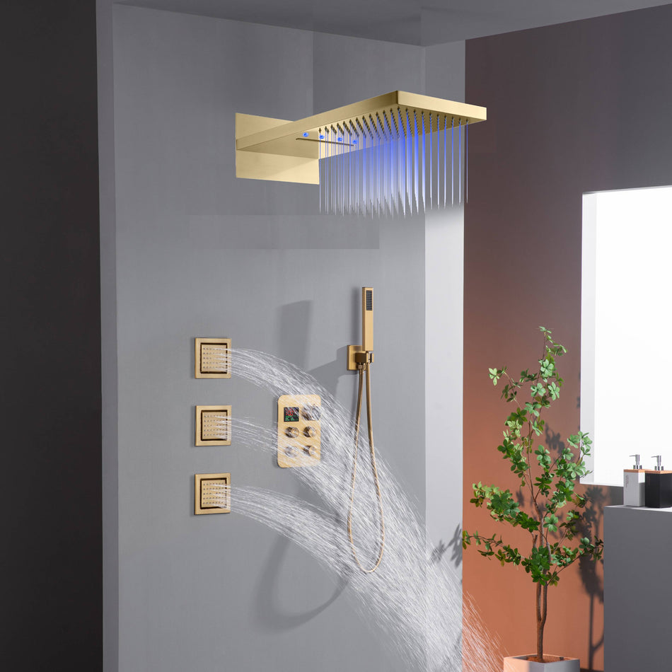 Wall Mount 22-Inch Rainfall Waterfall Shower Head with 4-Way Digital Display and Body Jets