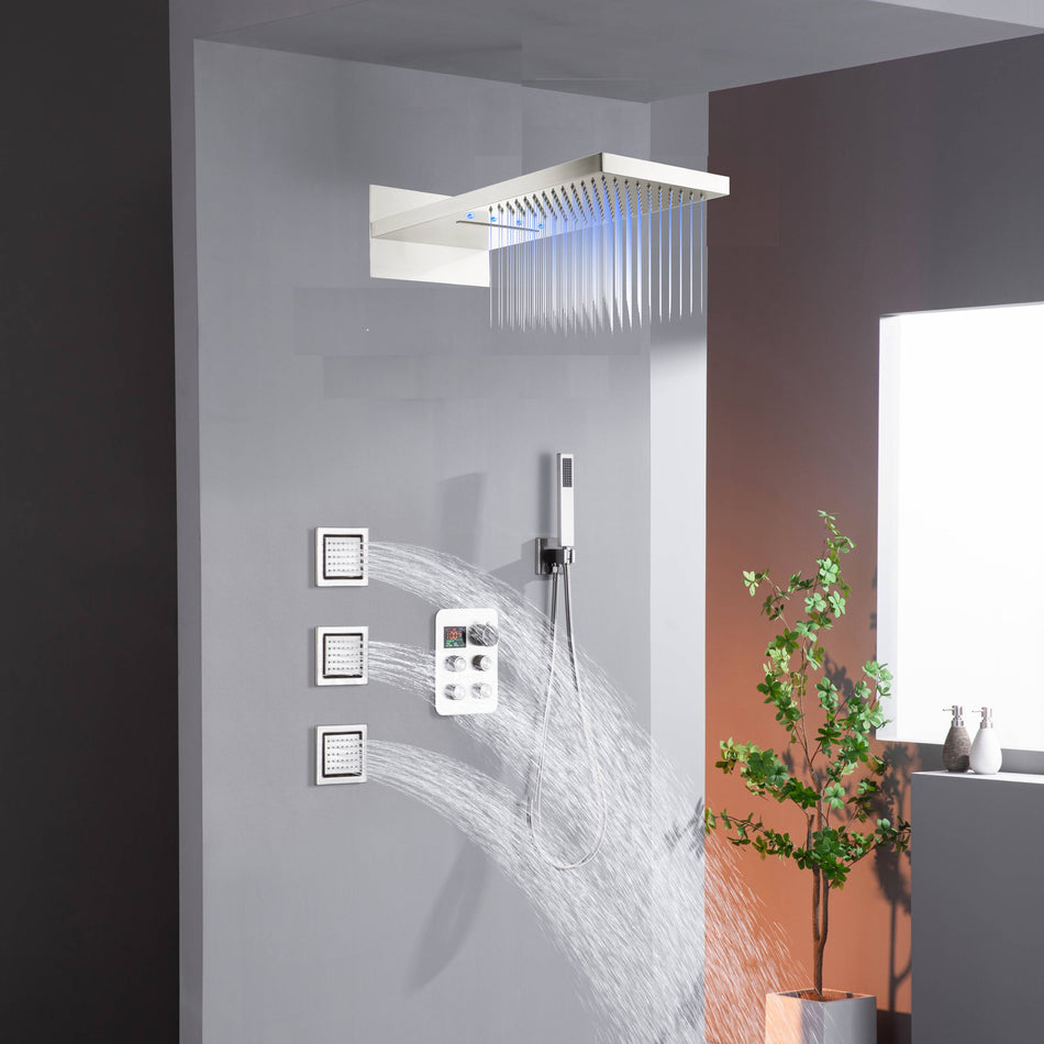 Wall Mount 22-Inch Rainfall Waterfall Shower Head with 4-Way Digital Display and Body Jets