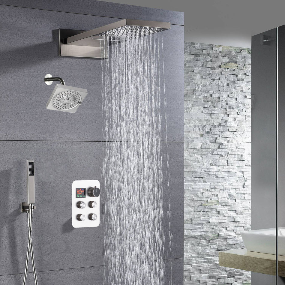 22'' Rainfall Waterfall Shower Head 4 way Thermostatic Shower System: Waterfall, Rainfall, Regular Head and Handle Wand