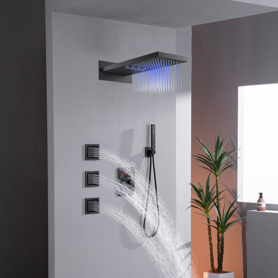 Wall Mount 22-Inch Rainfall Waterfall Shower Head with 4-Way Digital Display and Body Jets