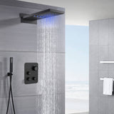 22" Matte Black Rainfall/Waterfall Shower Head with 3-Way Thermostatic Faucet, Optional LED