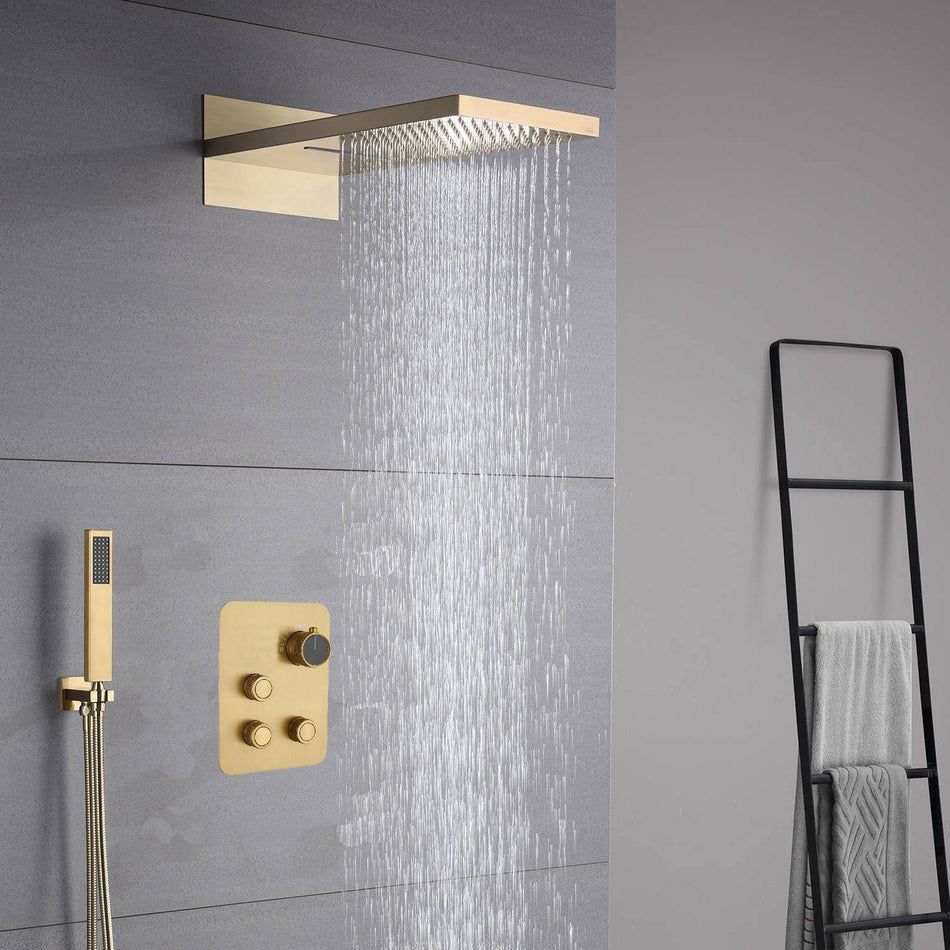 22-Inch Brushed Gold 3 Way Thermostatic Shower Faucet System with Rainfall and Waterfall - wonderland shower inc