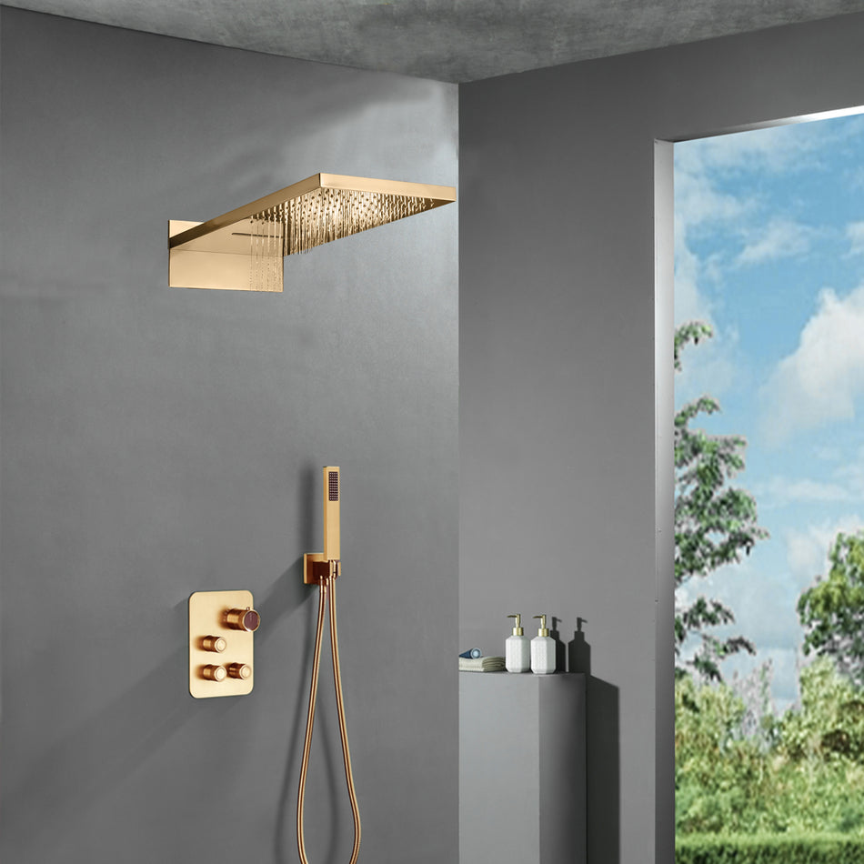 22-Inch Rainfall Waterfall Champagne Bronze 3-Way Thermostatic Shower System: Featuring a rainfall waterfall head with Simultaneous and Independent Functionality