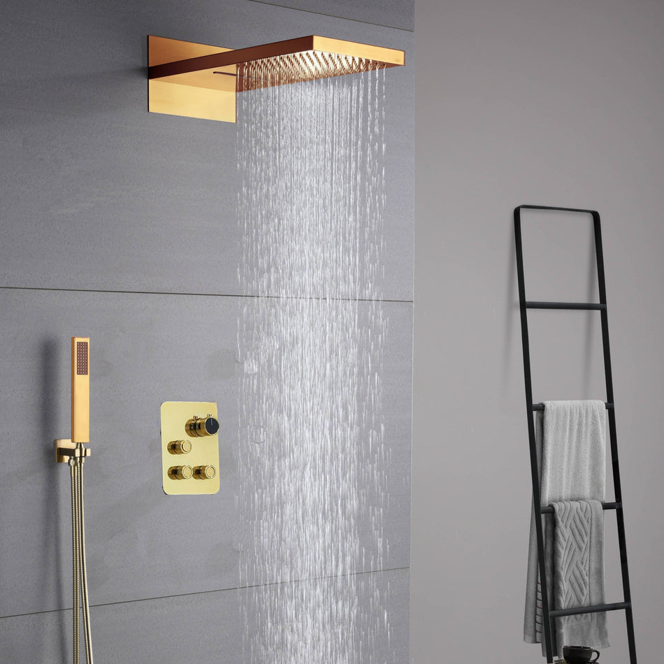 22-Inch Rainfall Waterfall Polished Gold 3-Way Thermostatic Shower System: Featuring a Regular Head with Simultaneous and Independent Functionality