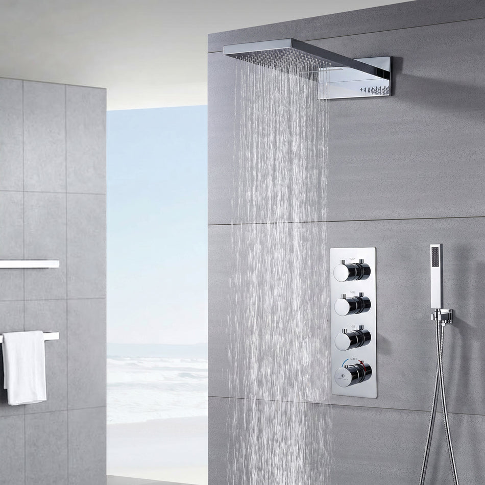 Matte black or chrome 22 inch rainfall waterfall shower head 3 way thermostatic shower system with handle sprayer