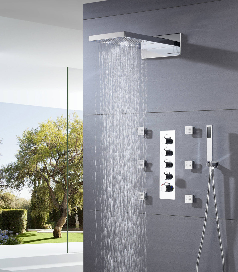 4 way thermostatic valve Chrome 22'' Thermostatic Shower Faucet Set Waterfall&Rain Massage Body Jet