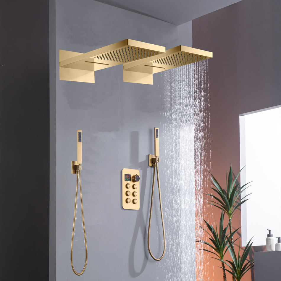 Digital Display 6-Way Thermostatic Faucet with Dual 22" Rainfall Waterfall Shower Heads