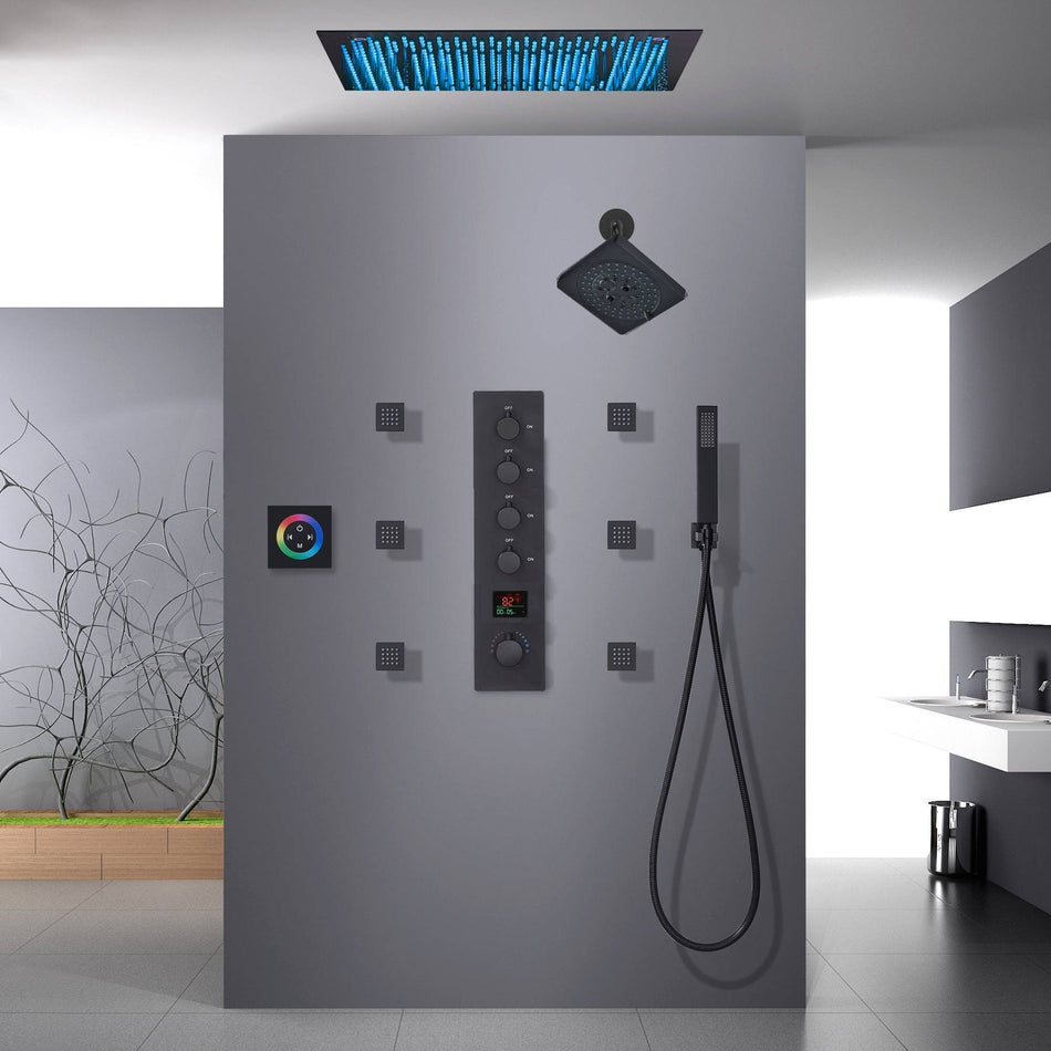 Matte Black 20-Inch Flush Mount Rainfall Shower System with 64-Color LED, 4-Way Digital Thermostatic Valve, Regular Head, 6 Body Jets, and Touch Panel