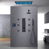 Matte Black 20-Inch Flush Mount Rainfall Shower System with 64-Color LED, 4-Way Digital Thermostatic Valve, Regular Head, 6 Body Jets, and Touch Panel