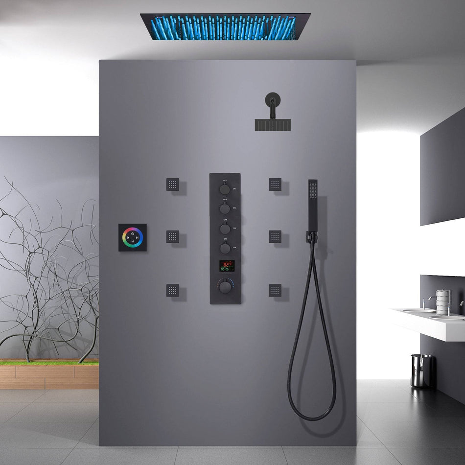 Matte Black 20-Inch Flush Mount Rainfall Shower System with 64-Color LED, 4-Way Digital Thermostatic Valve, Regular Head, 6 Body Jets, and Touch Panel