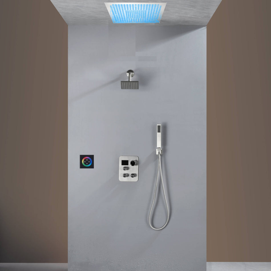 Flush Mount Shower Faucet Set with 3-Way Digital Thermostatic Control, 64-Color LED Lights