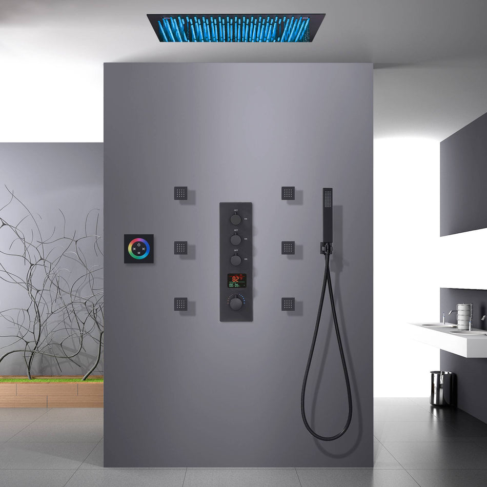 Matte Black 20" Rainfall Shower System with 3-Way Digital Thermostatic Valve, 6 Body Jets