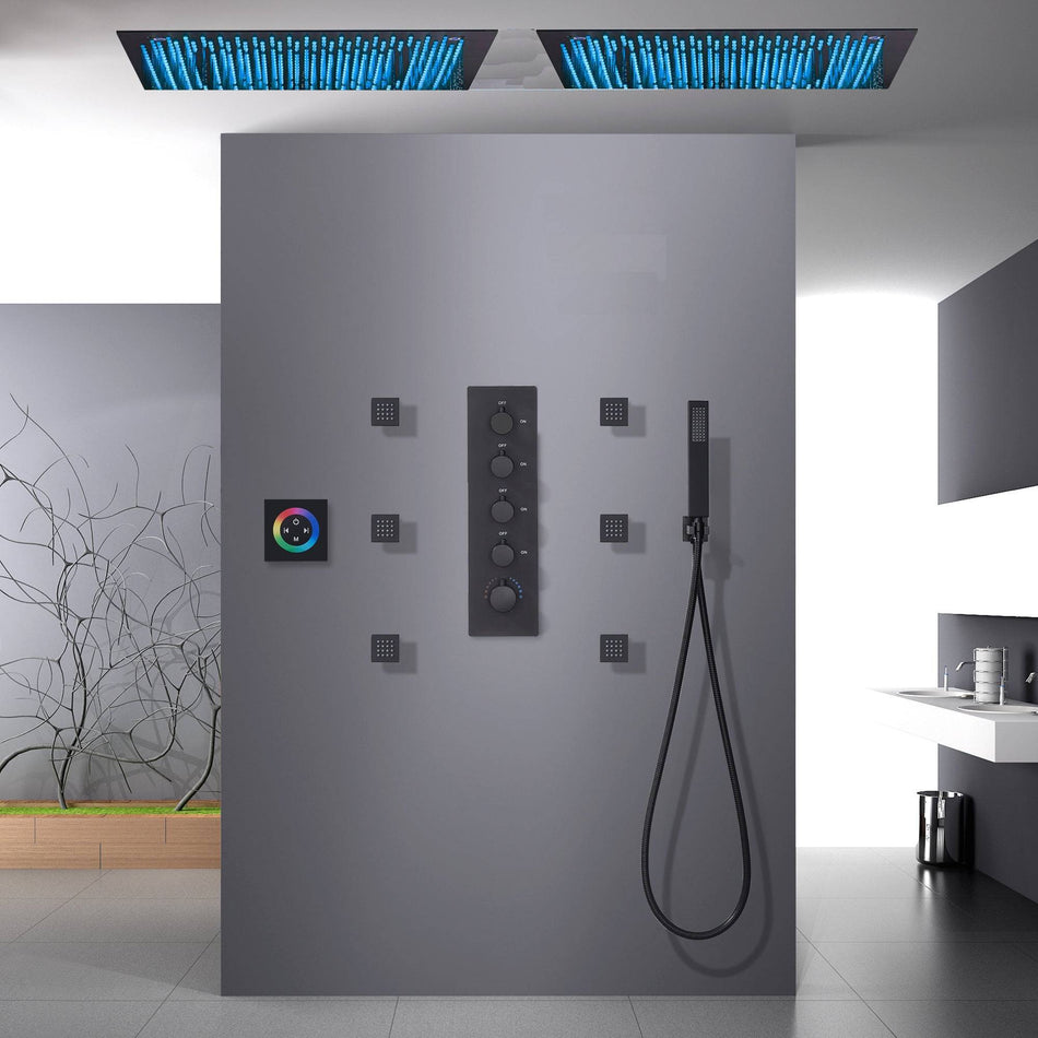 Matte Black Flush-Mounted 4 Way Thermostatic Shower with Dual 20-Inch LED Rainfall Heads and 6 Body Jets