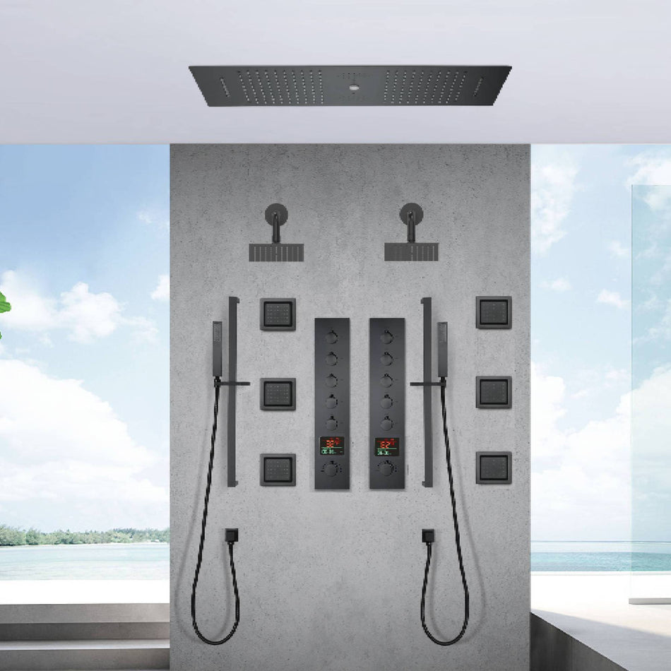 Matte Black 35" Bluetooth Music LED Shower System with Waterfall, 5-Way Digital Thermostatic Valve, 6 Body Jets