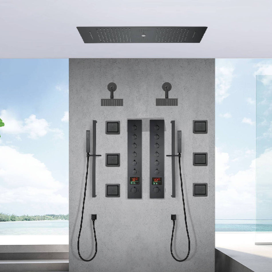 Matte Black 35" Bluetooth Music LED Shower System with Waterfall, 6-Way Digital Thermostatic Valve, 6 Body Jets, Dual Regular Heads