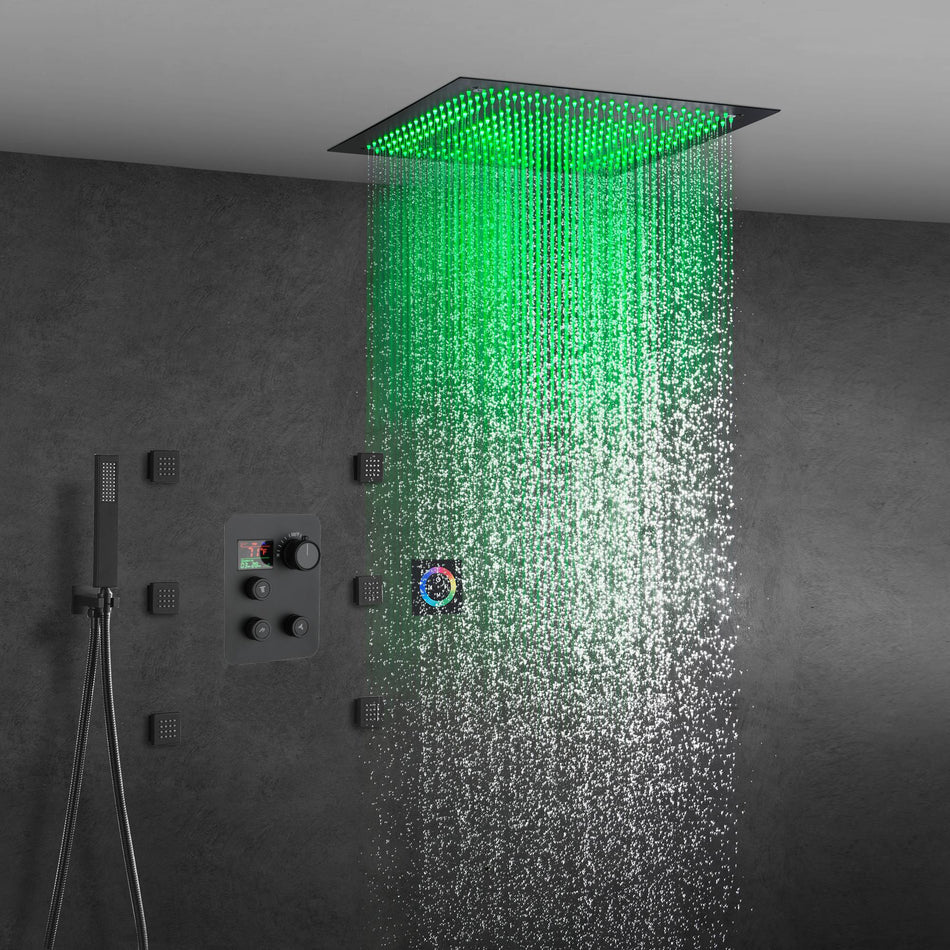 Matte Black 20" Rainfall Shower System with 3-Way Digital Thermostatic Valve, 6 Body Jets