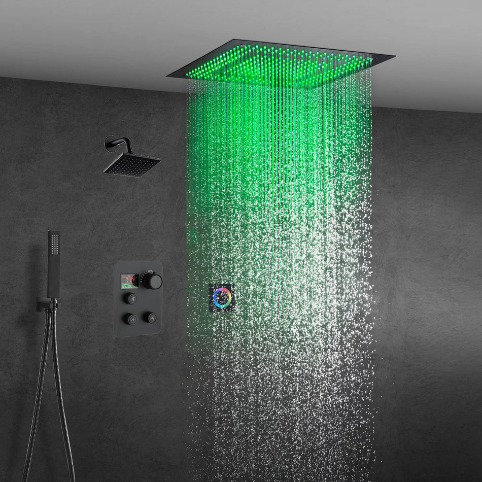 Matte Black 20" LED Rainfall Shower System with 3-Way Thermostatic Valve, Regular Head