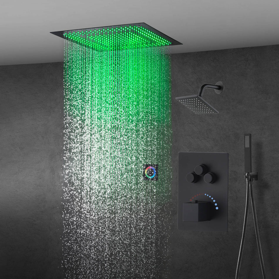 6" Wall Mount High Pressure Shower Head with 20" LED Rainfall Head in 3-Way Thermostatic System