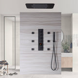 matte black 23 inch rainfall waterfall 64 LED lights Bluetooth Music shower 4 way digital display thermostatic shower system with to touch panel and 6 body jets
