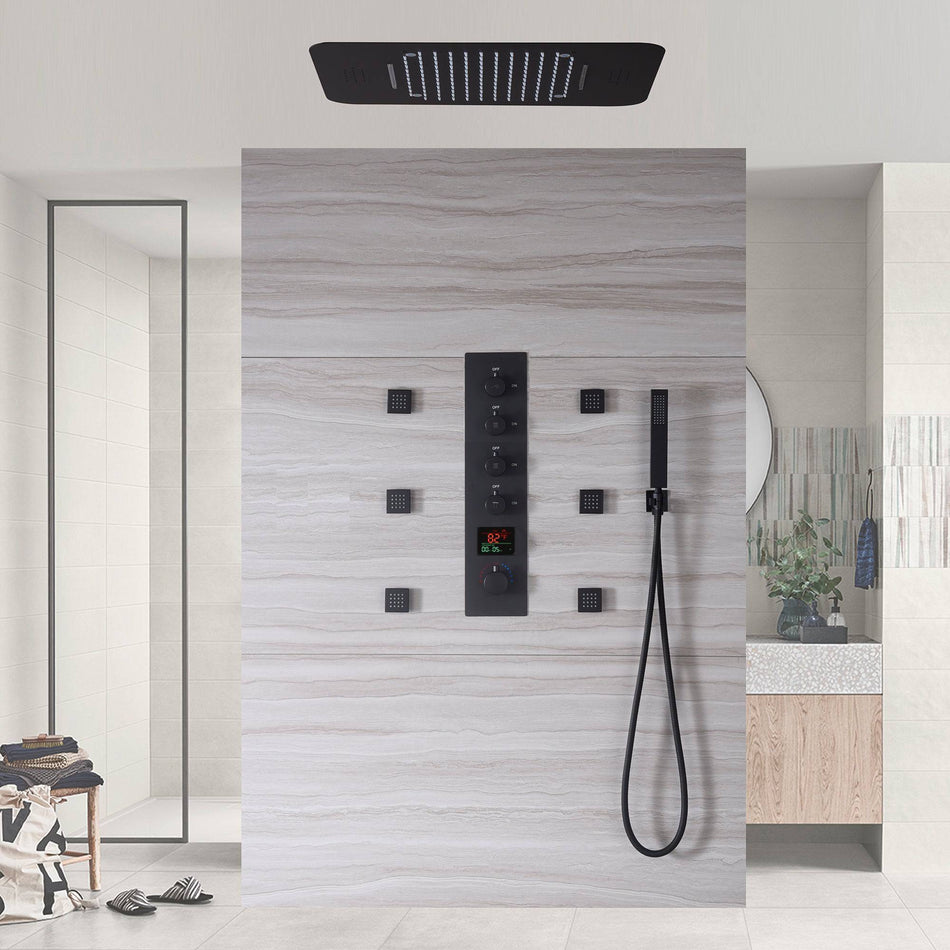 matte black 23 inch rainfall waterfall 64 LED lights Bluetooth Music shower 4 way digital display thermostatic shower system with to touch panel and 6 body jets
