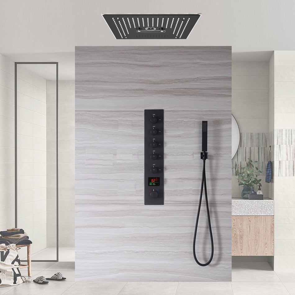 Matte Black 5-Way Thermostatic Shower Faucet: Available with or without Digital Display, Flush-Mounted 16-Inch Head, Rainfall, Waterfall, Mist, Hydro-Water Massage, 64-Color LED Lighting, and Bluetooth Music