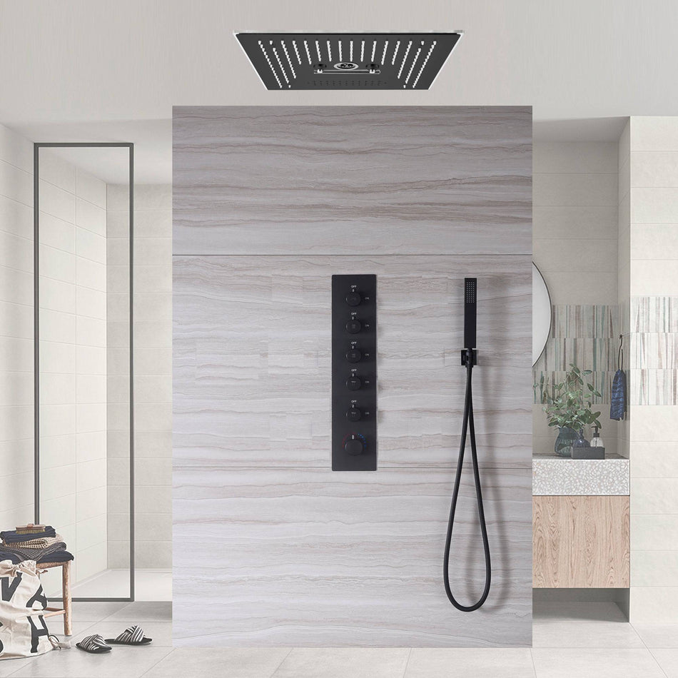 Matte Black 5-Way Thermostatic Shower Faucet: Available with or without Digital Display, Flush-Mounted 16-Inch Head, Rainfall, Waterfall, Mist, Hydro-Water Massage, 64-Color LED Lighting, and Bluetooth Music