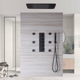 matte black 23 inch rainfall waterfall 64 LED lights Bluetooth Music shower 4 way digital display thermostatic shower system with to touch panel and 6 body jets