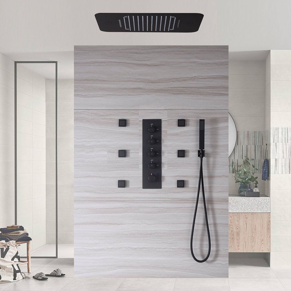 matte black 23 inch rainfall waterfall 64 LED lights Bluetooth Music shower 4 way digital display thermostatic shower system with to touch panel and 6 body jets