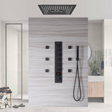 Matte Black 6-Way Digital Display Thermostatic Shower Faucet: Flush-Mounted 16-Inch Head, Rainfall, Waterfall, Mist, Hydro-Water Massage, 64-Color LED Lighting, and Bluetooth Music