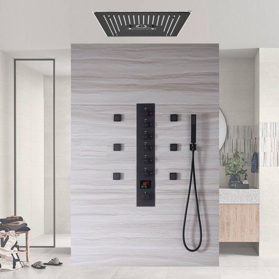 Matte Black 6-Way Digital Display Thermostatic Shower Faucet: Flush-Mounted 16-Inch Head, Rainfall, Waterfall, Mist, Hydro-Water Massage, 64-Color LED Lighting, and Bluetooth Music