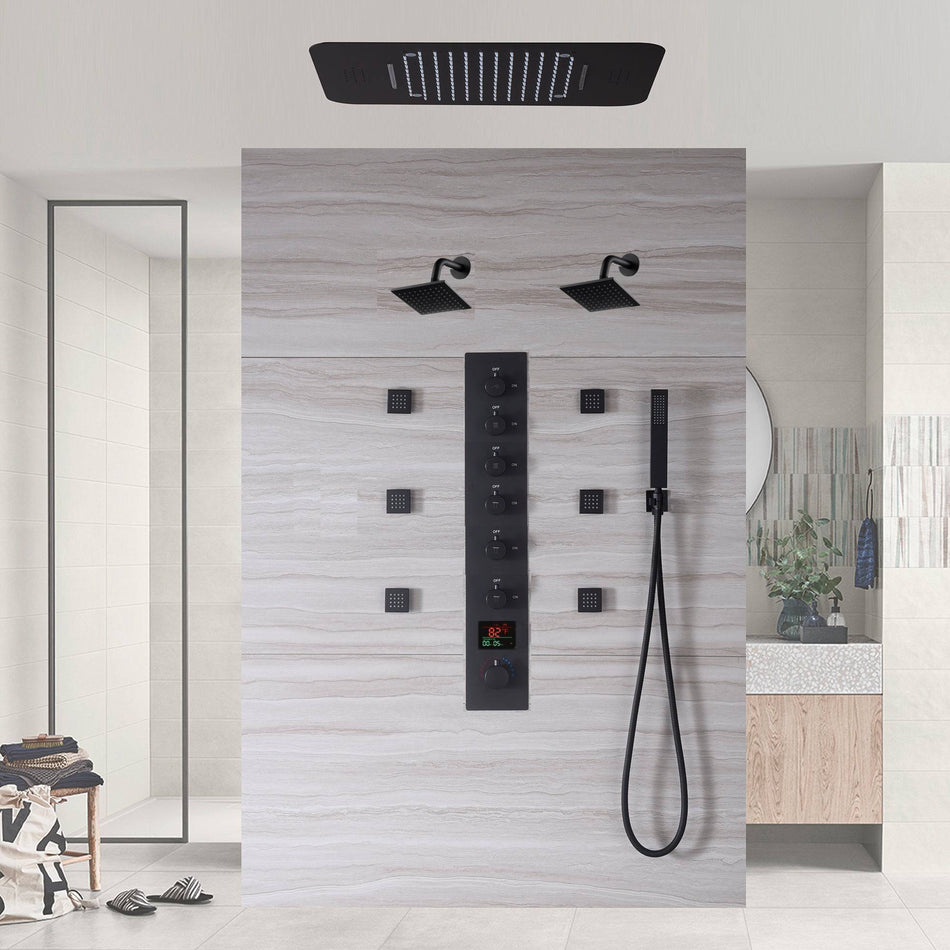 Matte Black LED Music Shower System: 16", 20", or 23" with 6-Way Digital Thermostatic Control, Body Jets,