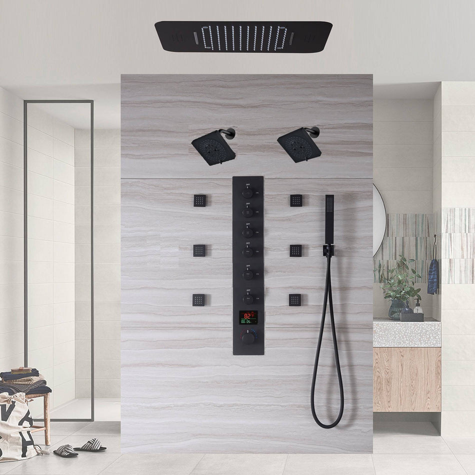 Matte Black LED Music Shower System: 16", 20", or 23" with 6-Way Digital Thermostatic Control, Body Jets,