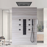 Matte Black 6-Way Digital Display Thermostatic Shower Faucet: Flush-Mounted 16-Inch Head, Rainfall, Waterfall, Mist, Hydro-Water Massage, 64-Color LED Lighting, and Bluetooth Music