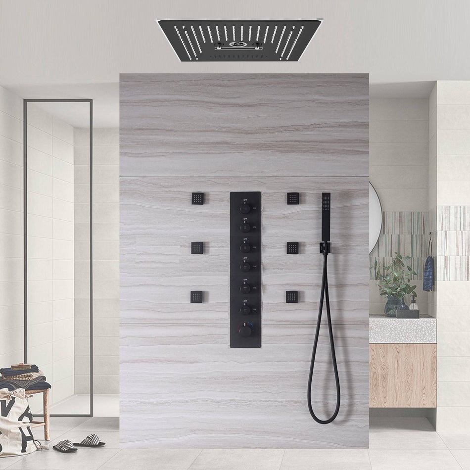 Matte Black 6-Way Digital Display Thermostatic Shower Faucet: Flush-Mounted 16-Inch Head, Rainfall, Waterfall, Mist, Hydro-Water Massage, 64-Color LED Lighting, and Bluetooth Music