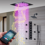 20-Inch Matte Black Rainfall, Waterfall, and Mist Shower System with LED Colors, Bluetooth Music, 6-Way Thermostatic Valve, Body Jets, and Regular Head