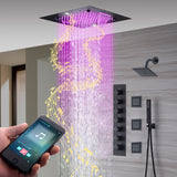 20-Inch Matte Black Rainfall, Waterfall, and Mist Shower System with LED Colors, Bluetooth Music, 6-Way Thermostatic Valve, Body Jets, and Regular Head